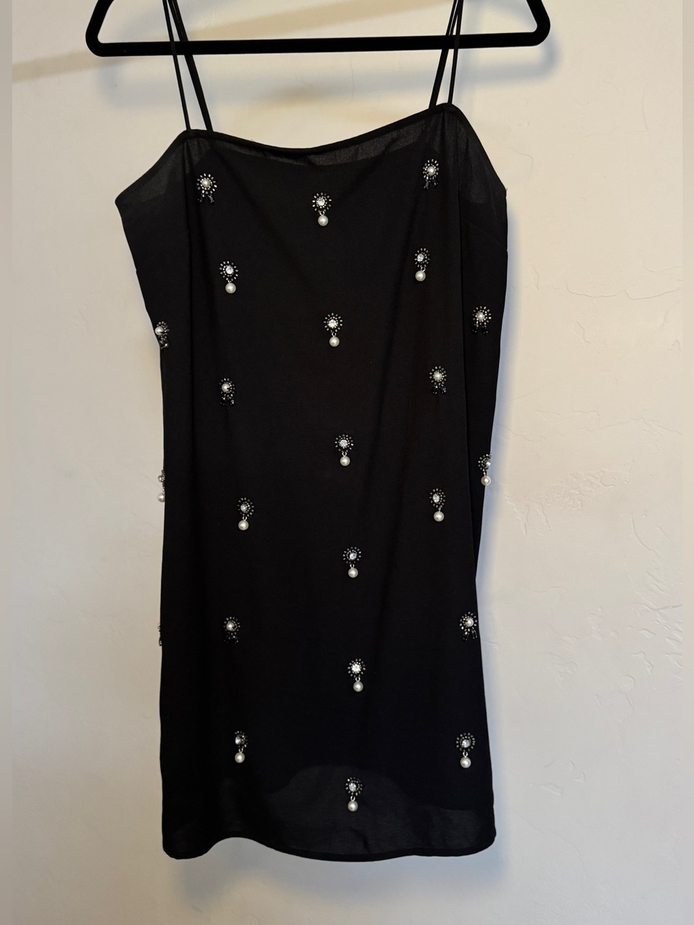 H&M Black Pearl-Embellished Spaghetti Strap Mini Dress